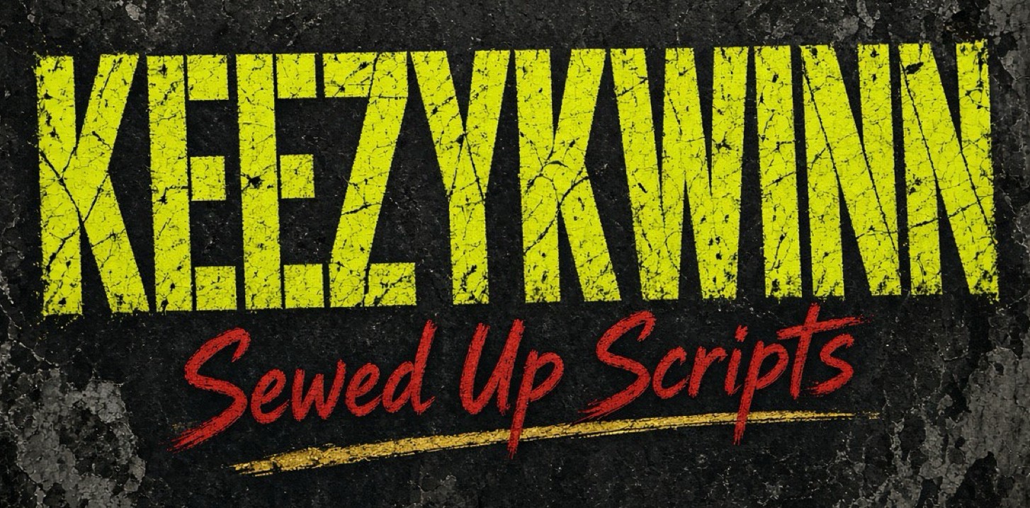KeezyKwinn in cracked yellow block letters, with Sewed Up Scripts in red script